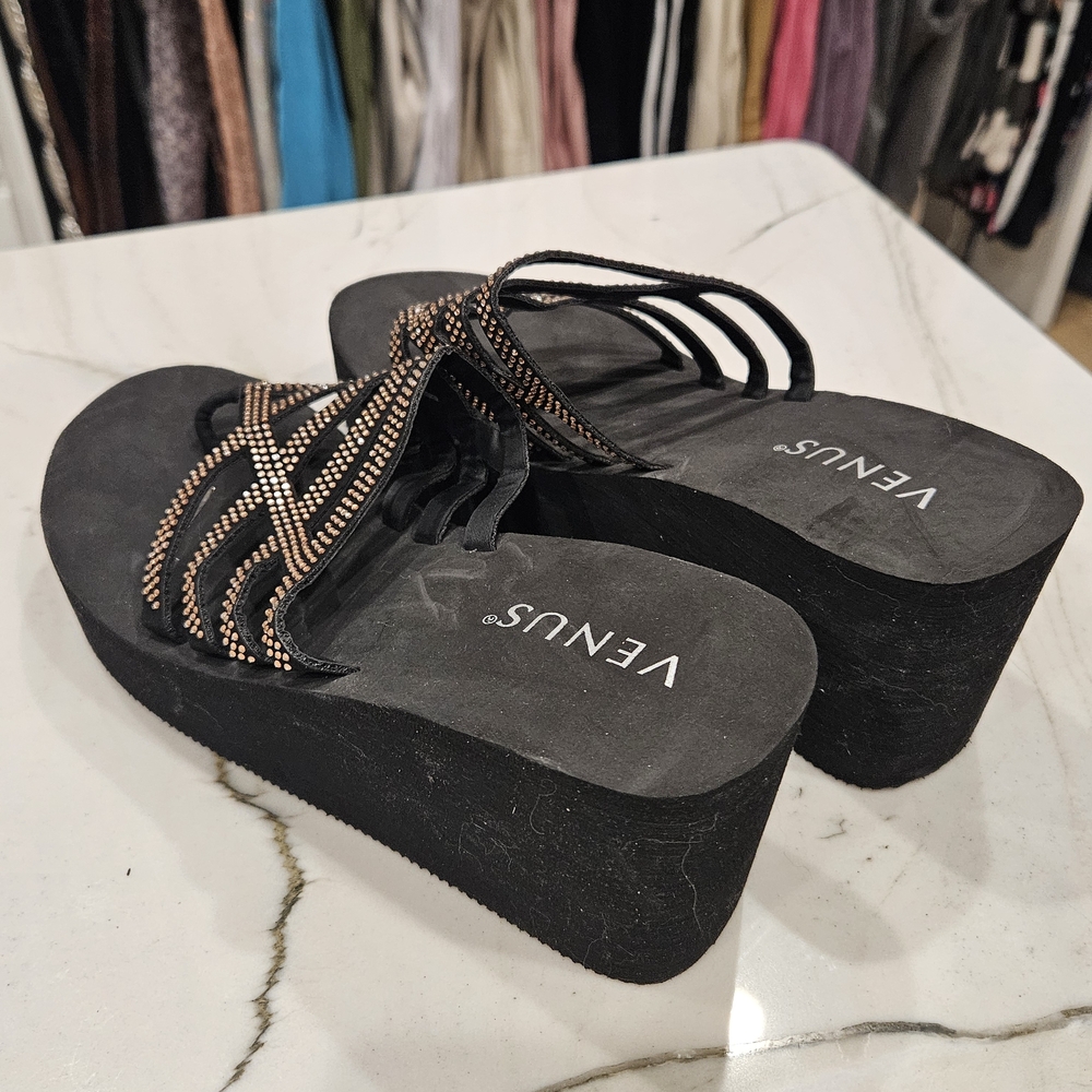 Venus Black and Brown Rhinestone Platform Sandals 8M - Picture 3 of 3